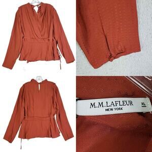MM Lafleur Twyla Burnt Orange Faux Wrap Top Long Sleeve Silk Size XL New